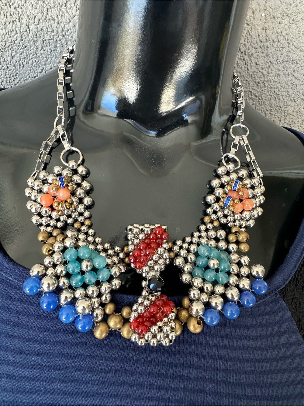 Multicolor Beaded Statement Necklace - Silver Tone